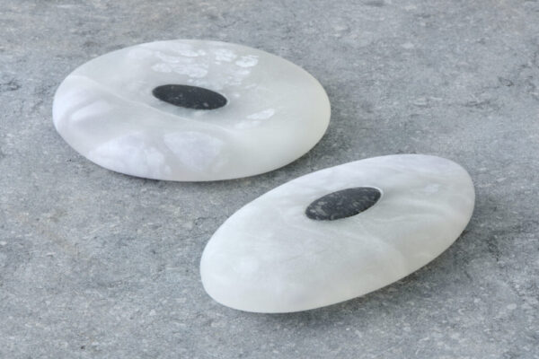 Tranquillity I and II, 2023, Alabaster, Belgian hardstone, 8,5x8,5x1 and 9,5x4x1,5 cm